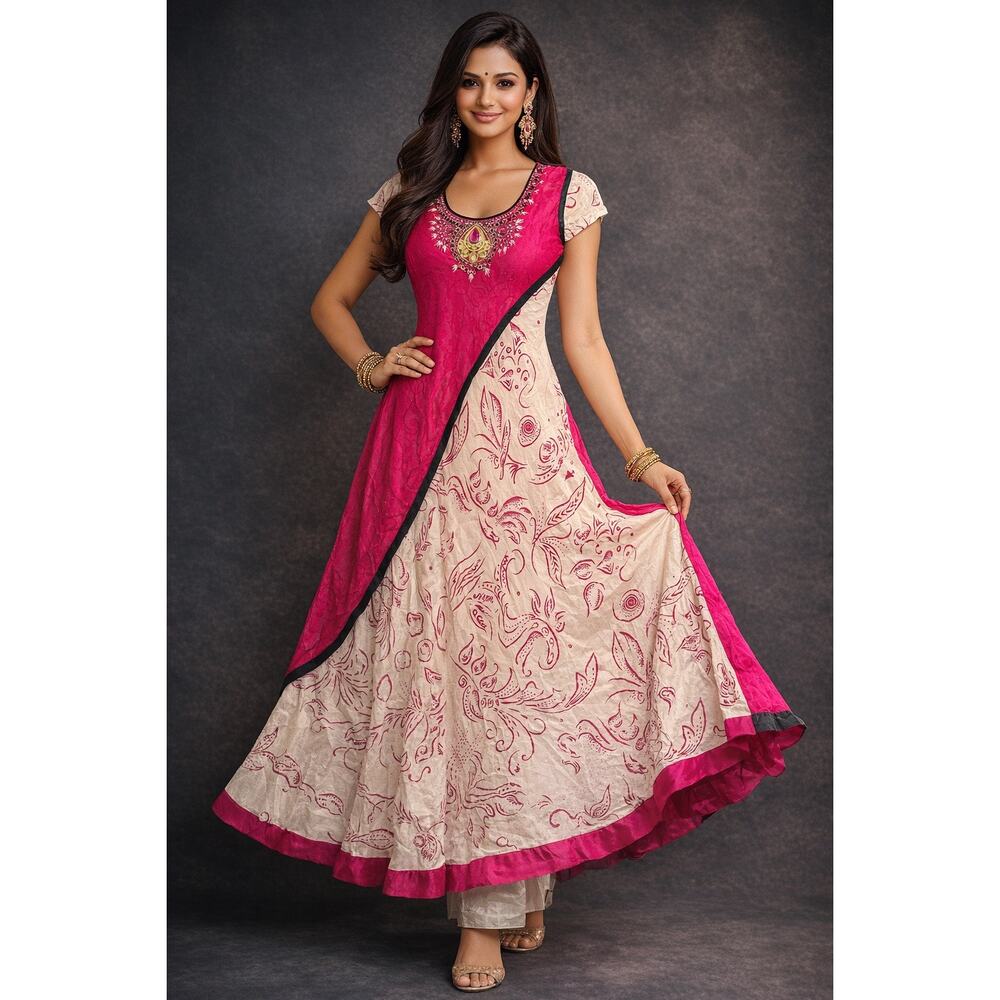 TARUNI INDIAN ETHNIC WOMENS JEWELS PINK & WHITE  BLING FLOWING DRESS SZ L